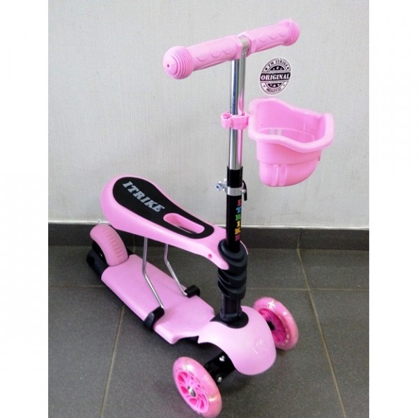 Самокат-Беговел 146 трехколесный детский 2 в 1, корзинка, сидение, светящиеся колеса 71.0, 1, 25, светло-розовый изображение 1