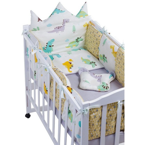 Детская постель Babyroom Classic Bortiki-01 (6 элементов)  белый-серый-горчичный (динозавры) изображение 3