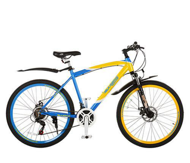 Велосипед с алюминиевой рамой 26 дюймов, дисковые тормоза, желто-синий
